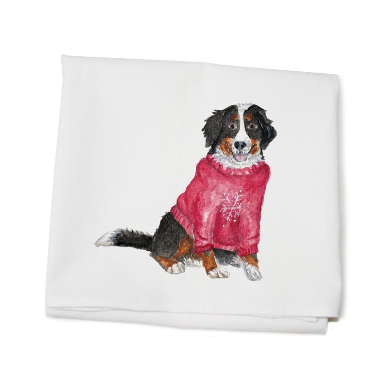 bernese mountain dog in sweater flour sack towel