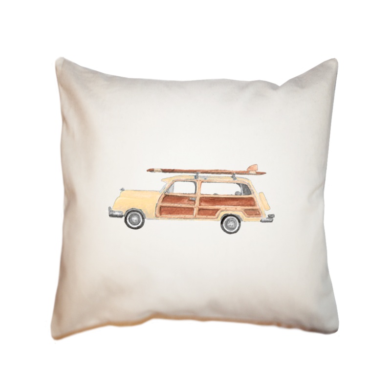cream woody with surfboard square pillow
