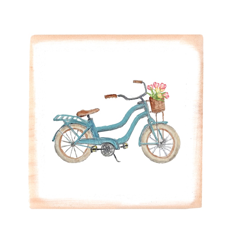 light blue beach bike with tulips square wood block