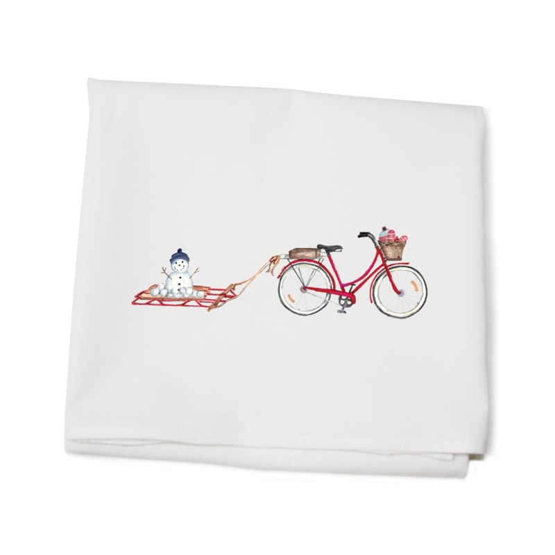 red bike with snowman on sled flour sack towel