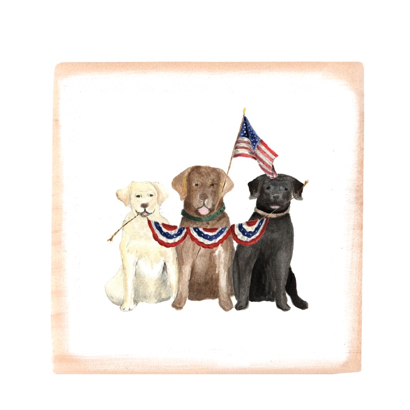 three labs 4th of july square wood block