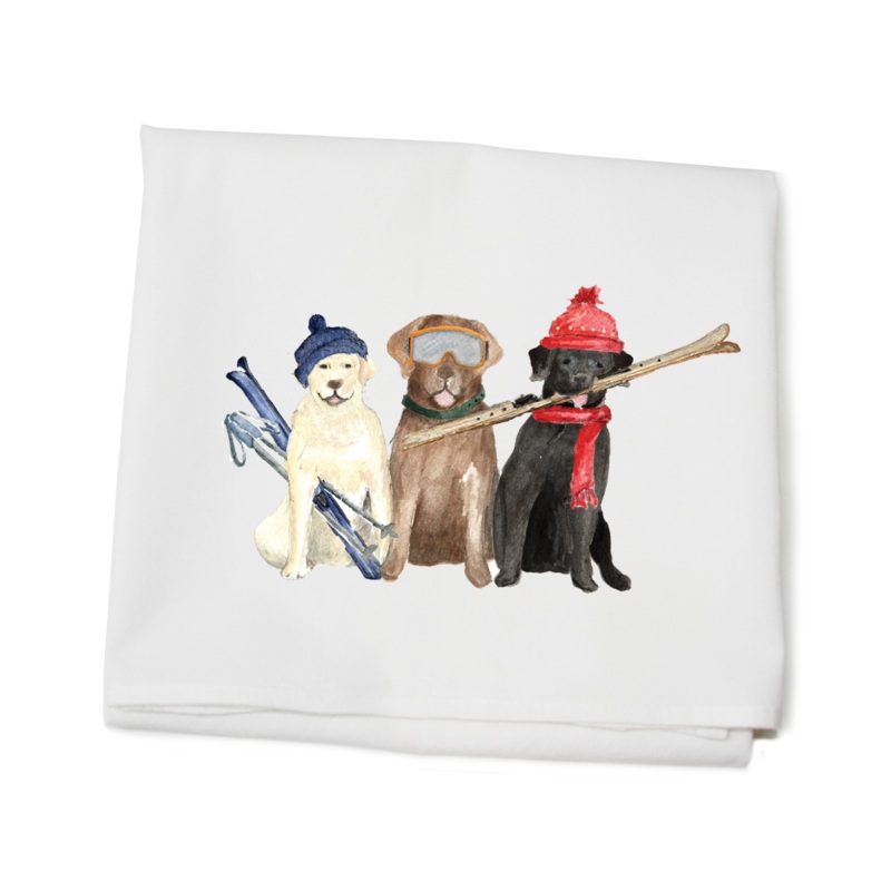 three labs skiing flour sack towel