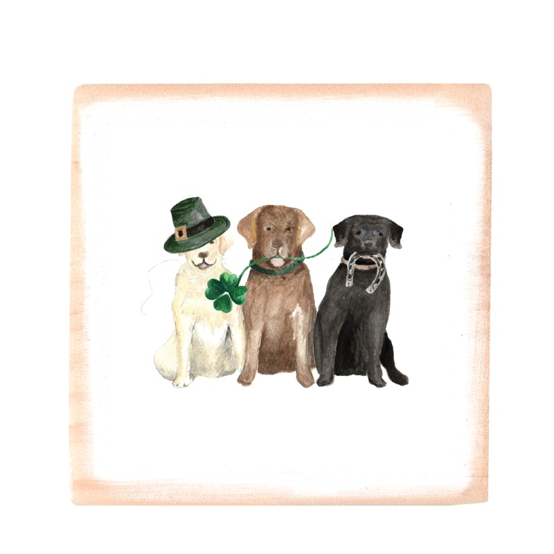 three labs st patrick’s day square wood block