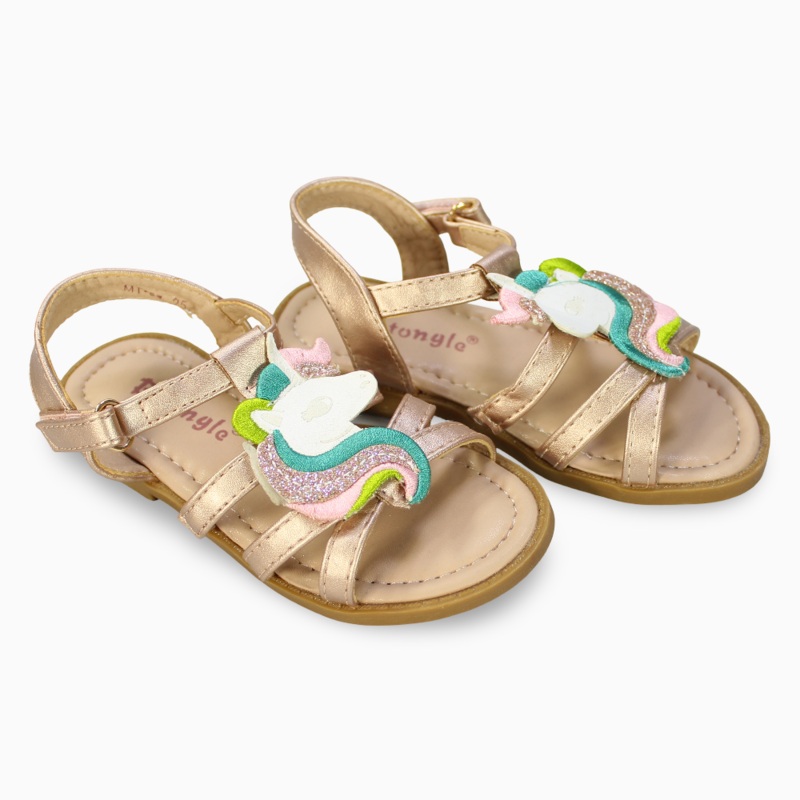 Girls Leather Sandals  Gold with Unicorn Detail