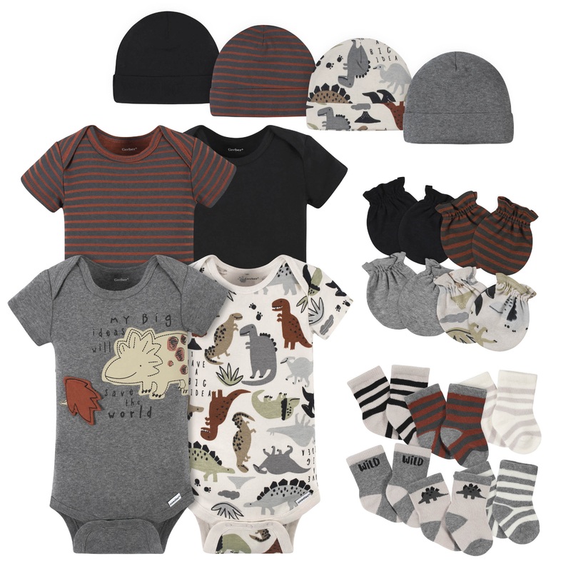 18-Piece Baby Boys Dino Onesies Bodysuit, Mitten, Cap, & Sock Set
