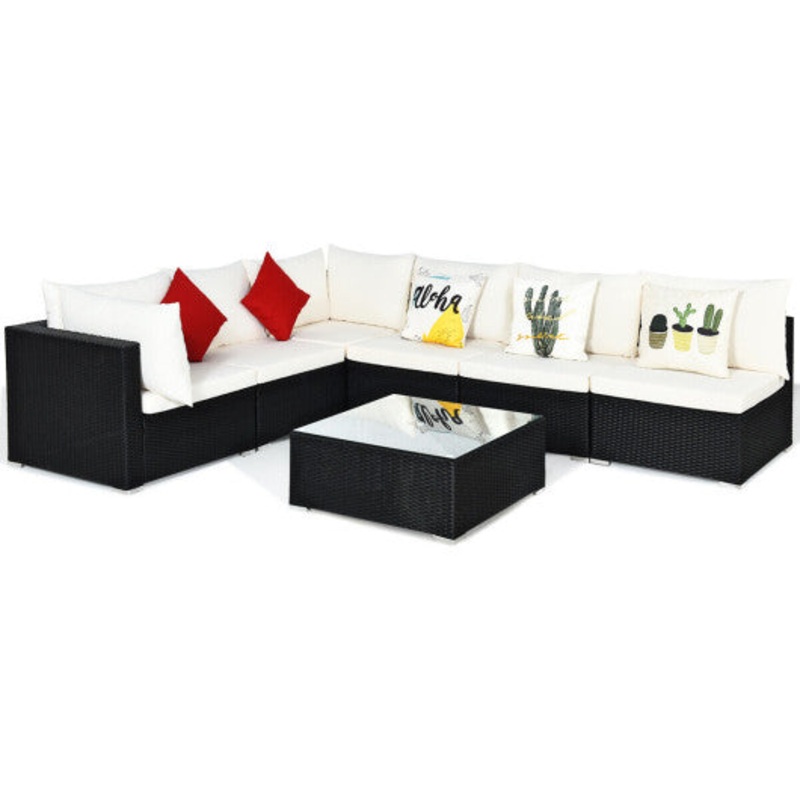 7 Pieces Sectional Wicker Furniture Sofa Set With Tempered Glass Top-Black & White
