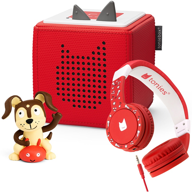 Tonies Toniebox Playtime Puppy Starter Set + Headphone Bundle – Red with Audio Character (3y+)