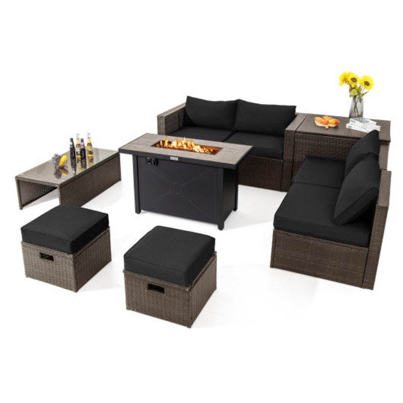 9 Pieces Outdoor Patio Furniture Set With 42 Inch Propane Fire Pit Table-Black