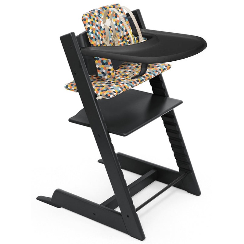 Tripp Trapp High Chair and Cushion with Stokke Tray Bundle – Black / Honeycomb Happy / Black