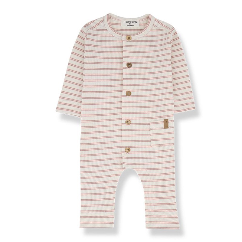 1+ In The Family – Ribbed Button-Up Romper – Coral Stripe