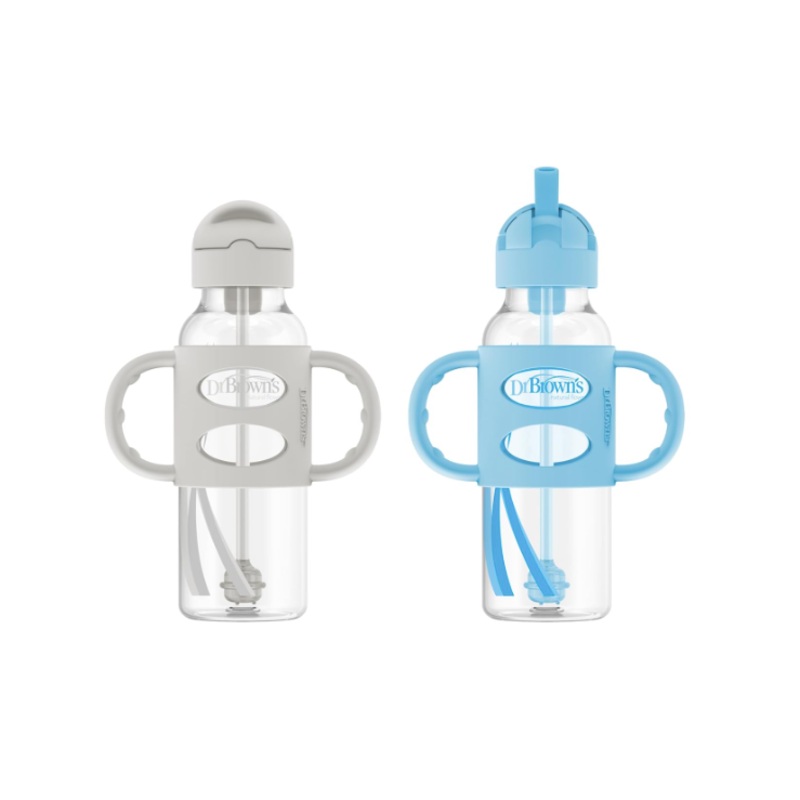 Dr. Brown’s Milestones Sippy Spout Bottle with Silicone Handles, 2 Pack, Narrow-Neck, Gray/Blue, 8 oz/250 ml