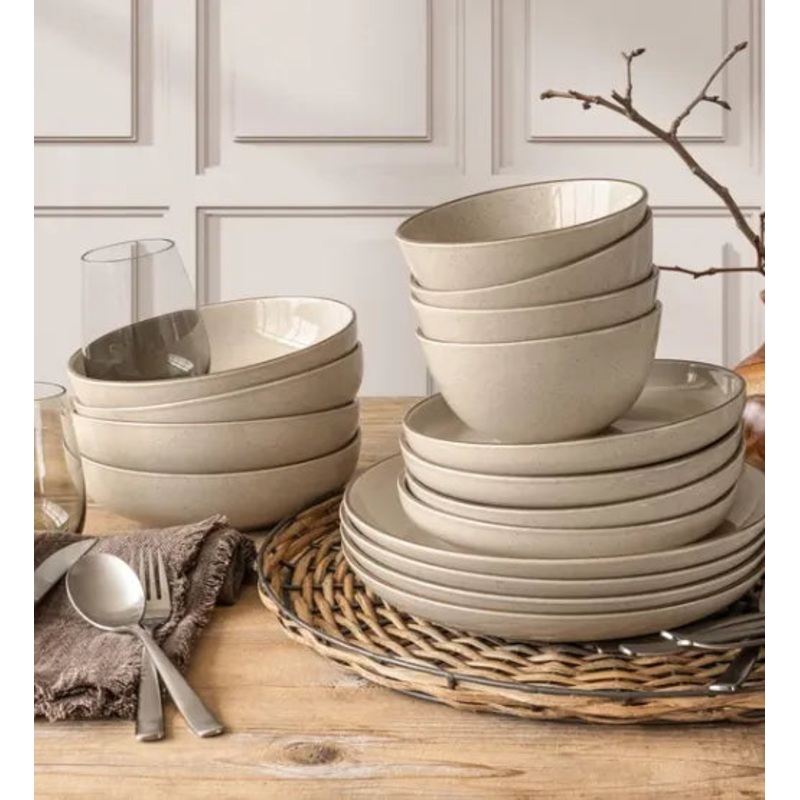 16 Pc Dinnerware Stoneware Dinner Plate and Bowl Set New Beige(See Description)