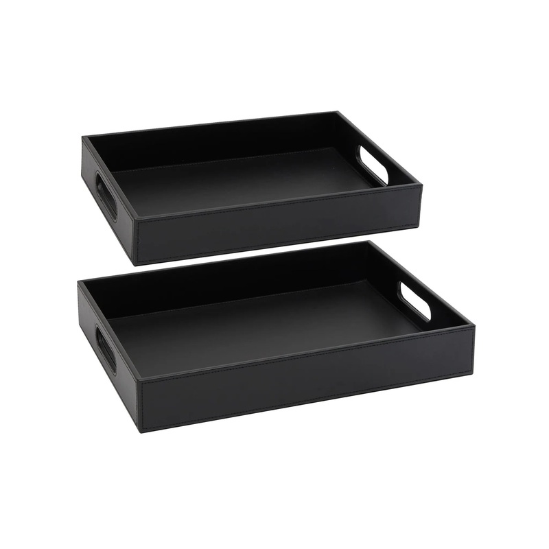 2-Pack Wooden Nesting Serving Tray Set with Stitched Faux Leather Skin