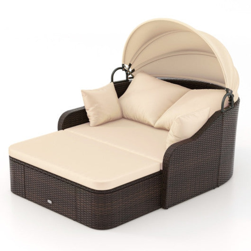 Patio PE Rattan Daybed With Retractable Canopy and Soft Cushions-Beige