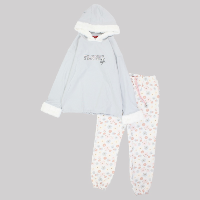 Floral Life Long-Sleeved Fleeced Hooded Pajama