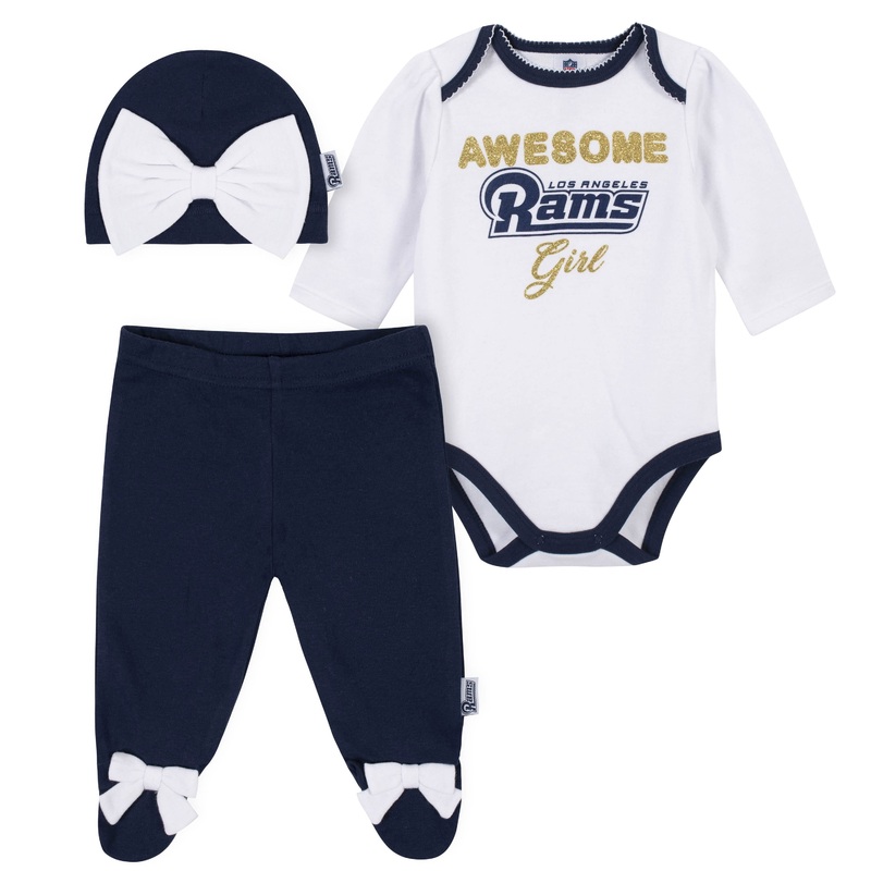 3-Piece Los Angeles Rams Baby Girls Bodysuit, Pant, and Cap Set, 3-6M