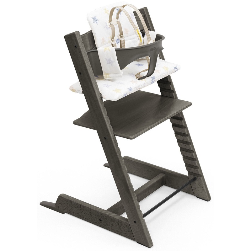 Tripp Trapp High Chair and Cushion with Stokke Tray – Hazy Grey / Stars Multi