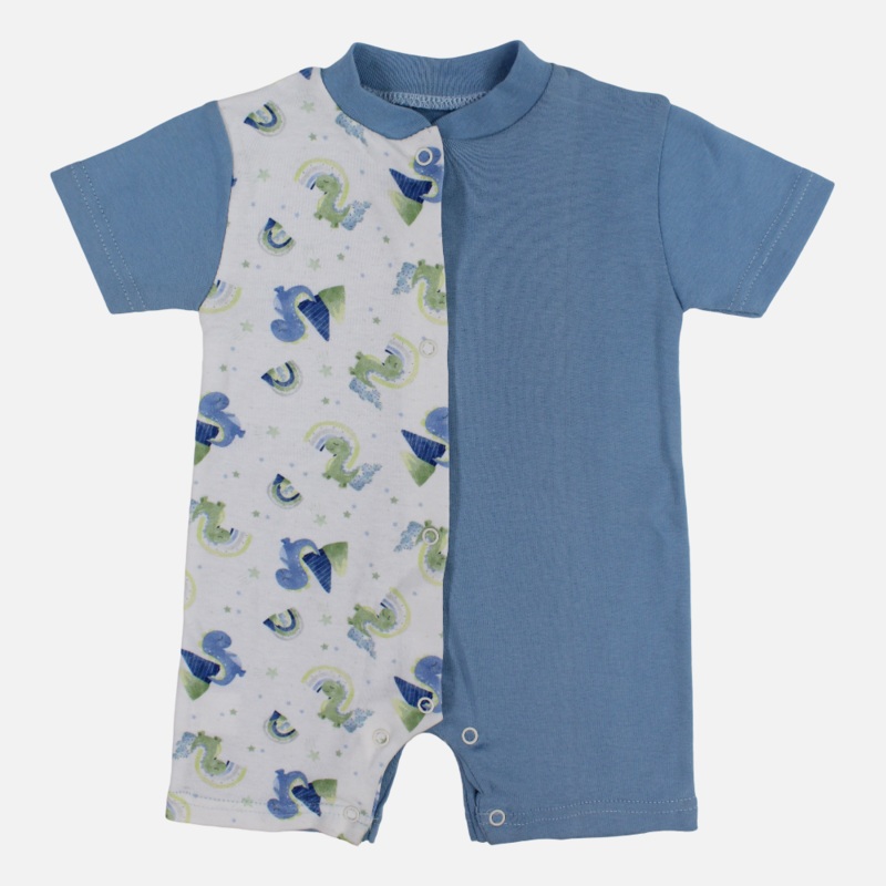 Baby Boys Cotton Romper – Light Blue with Dinosaur Print