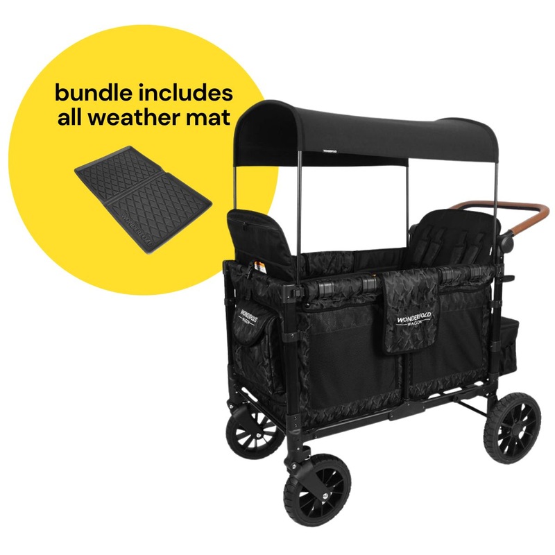 WonderFold W4 Luxe Multifunctional Quad (4 Seater) Stroller Wagon + All Weather Mat Bundle – Black Camo