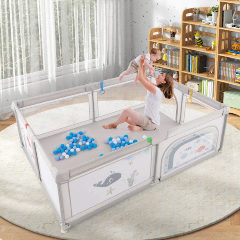 Large Baby Playpen With Pull Rings Ocean Balls and Cute Pattern-Whale