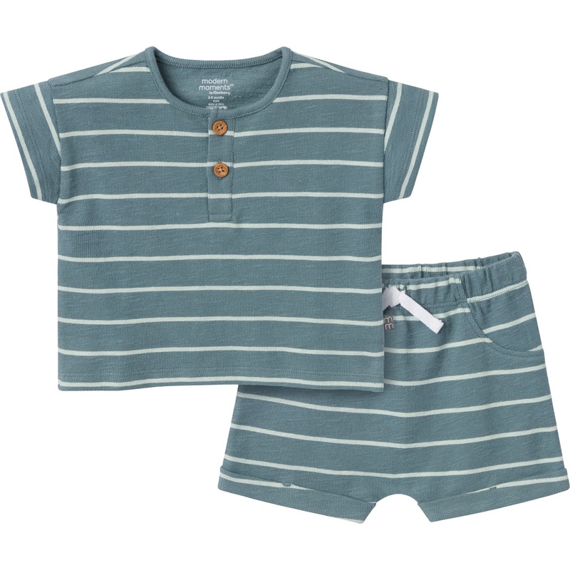 2-Piece Baby Boys Teal Stripe Henley Shirt and Shorts Set