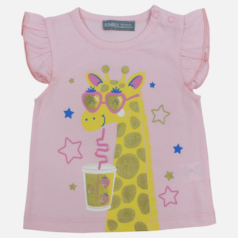 Baby Girls Cotton T-Shirt – Pink with Cool Giraffe Design