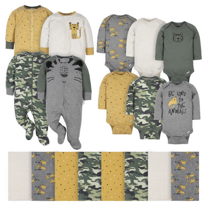 18-Piece Baby Boys Tiger Sleep ‘N Play, Onesies Bodysuit, and Burpcloth Set