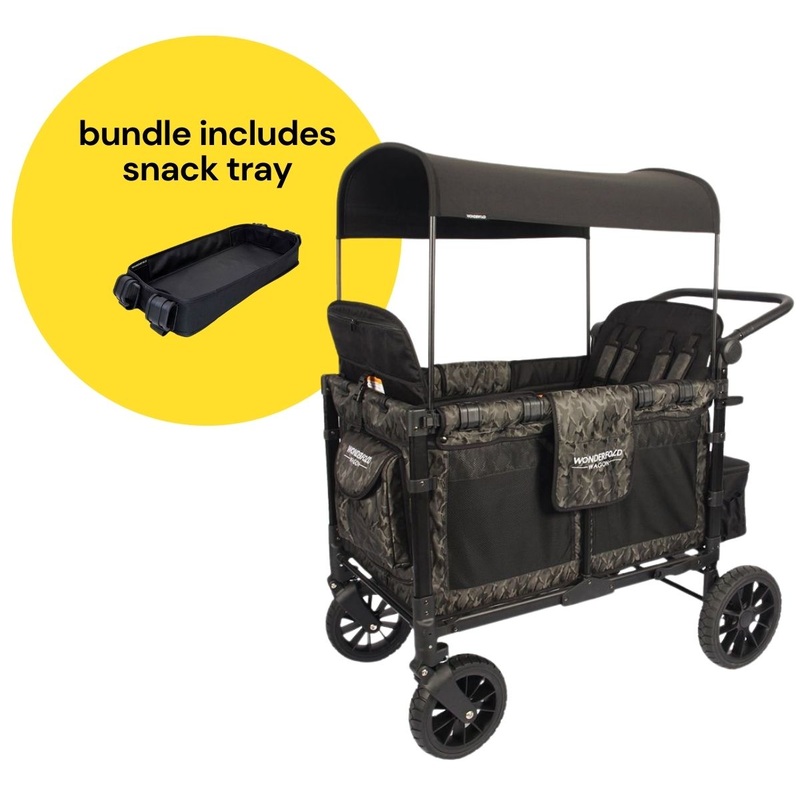 WonderFold W4 Luxe Multifunctional Quad (4 Seater) Stroller Wagon + Snack Tray Bundle – Shadow Green Camo