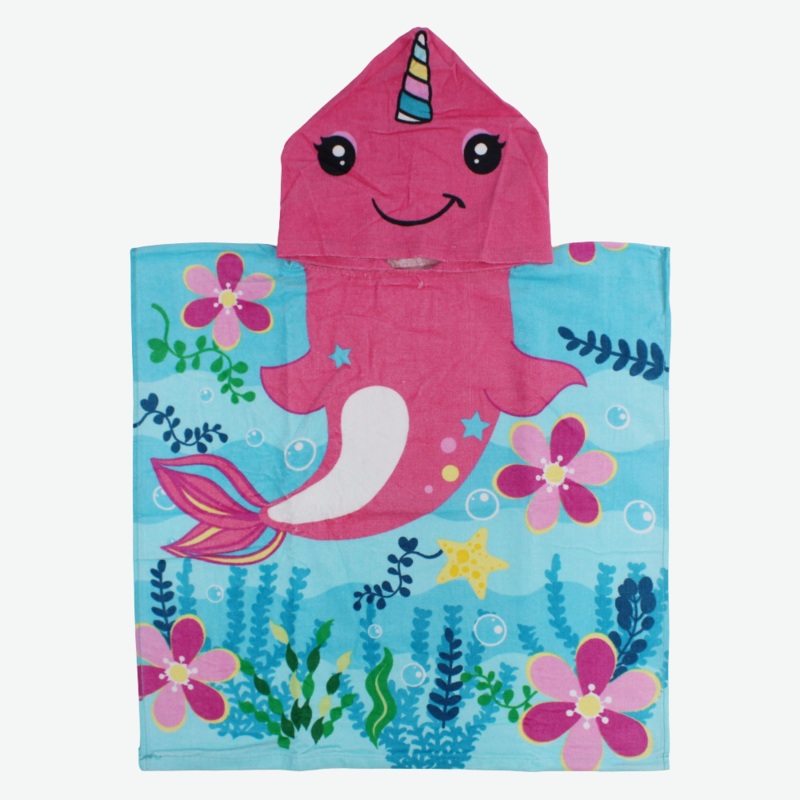 Girls Poncho Beach Towel with Hoodie – Aqua with Dolphin Print