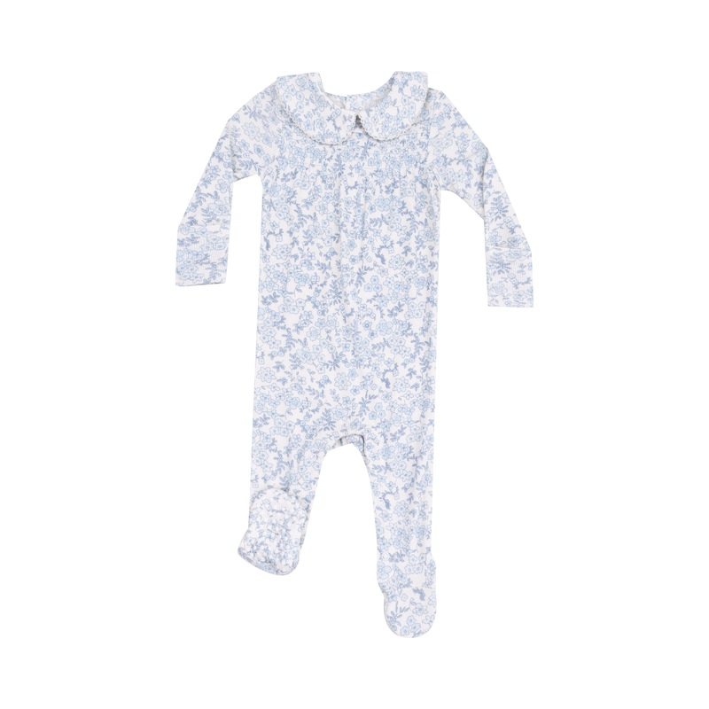 Smocked Peter Pan 2 Way Zipper Footie – Blue Calico Floral