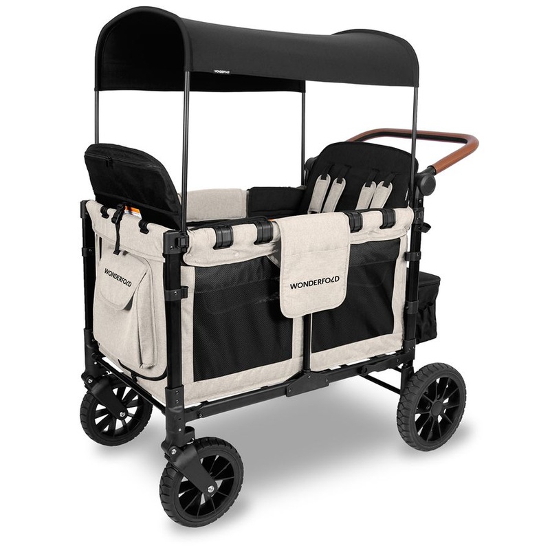 WonderFold OPEN BOX W4 Luxe Multifunctional Quad (4 Seater) Stroller Wagon – Sandy Beige / Black Canopy (Albee Exclusive)
