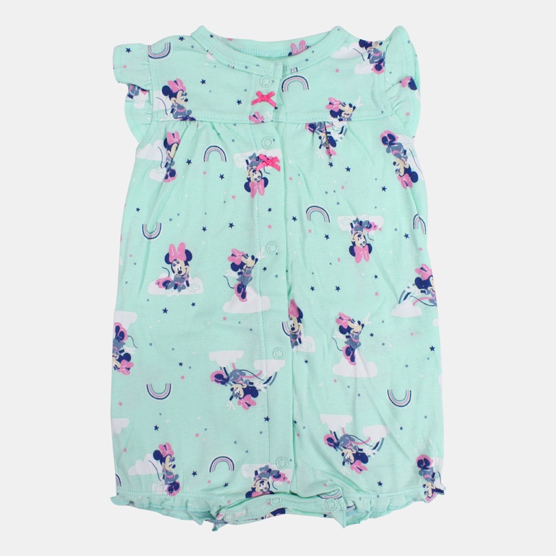 Baby Girls Cotton Romper  Aqua with Minnie Mouse Print