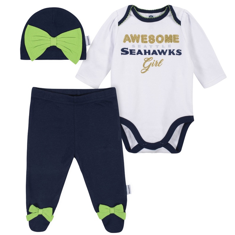 Baby Girls Seattle Seahawks 3-Piece Bodysuit, Footed Pant, and Cap Set