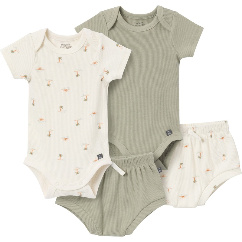 4-Piece Baby Neutral Ivory Mini Island Short Sleeve Bodysuits and Shorts Set