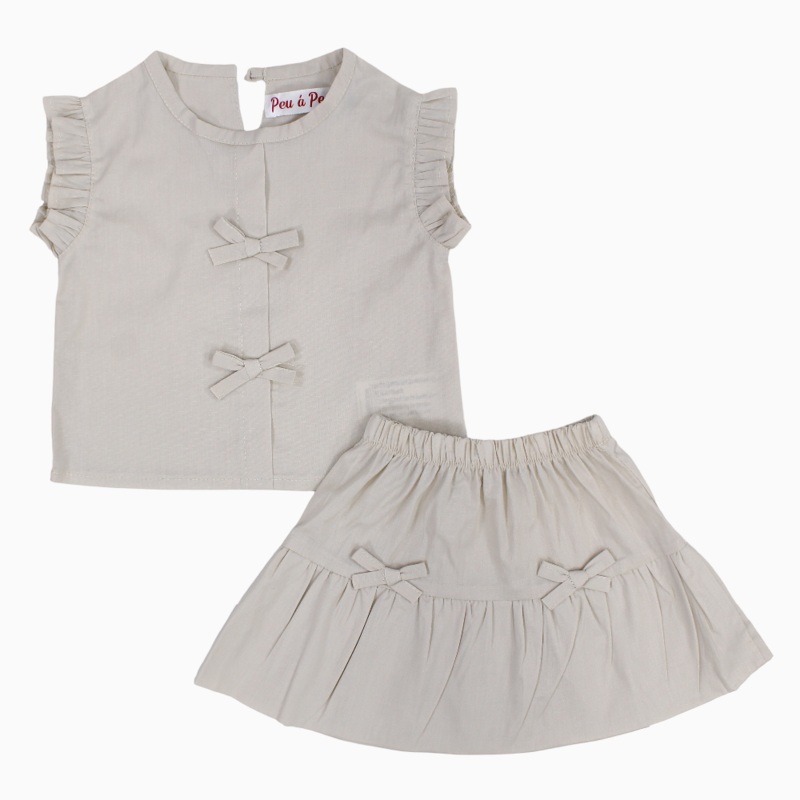 Girls Cotton 2-Piece Outfit Set  Beige with Little Bows