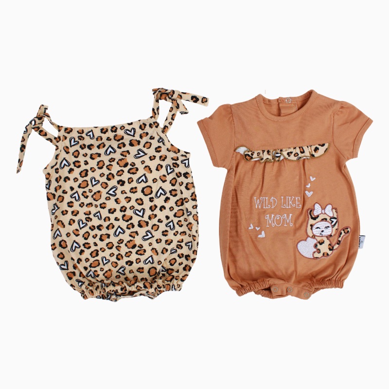 Baby Girls Cotton Romper  Brown with Playful Leopard Print (Pack of 2)