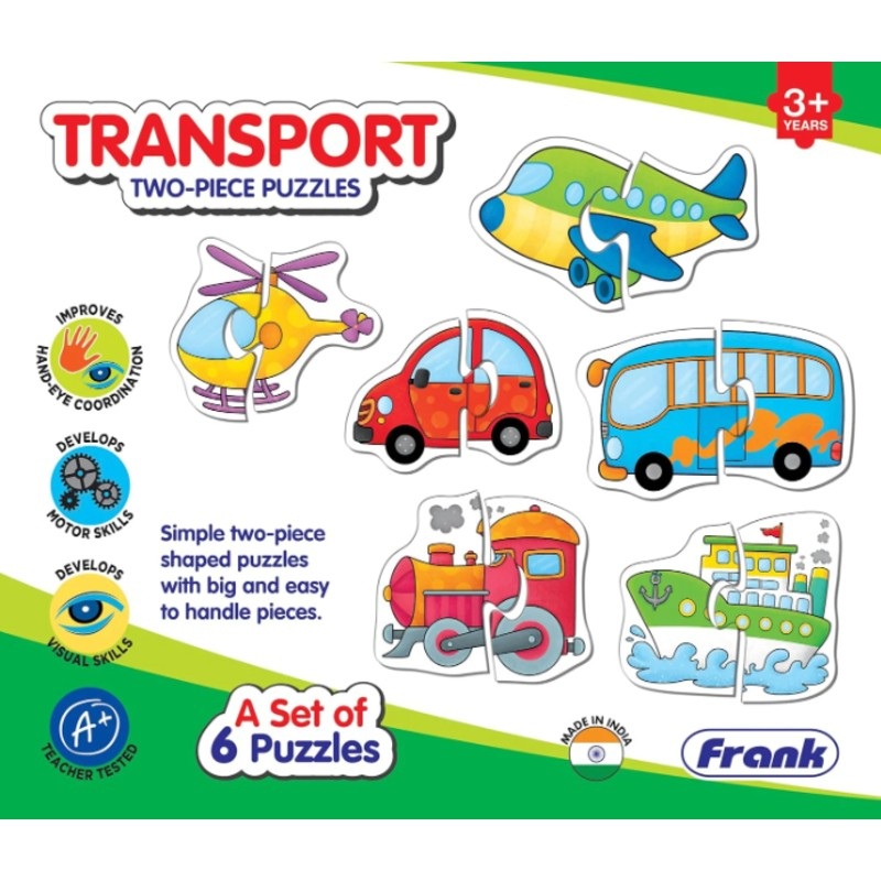 Frank Transport Puzzles – A Set of 6 Two-Piece Shaped Jigsaw Puzzle for Kids