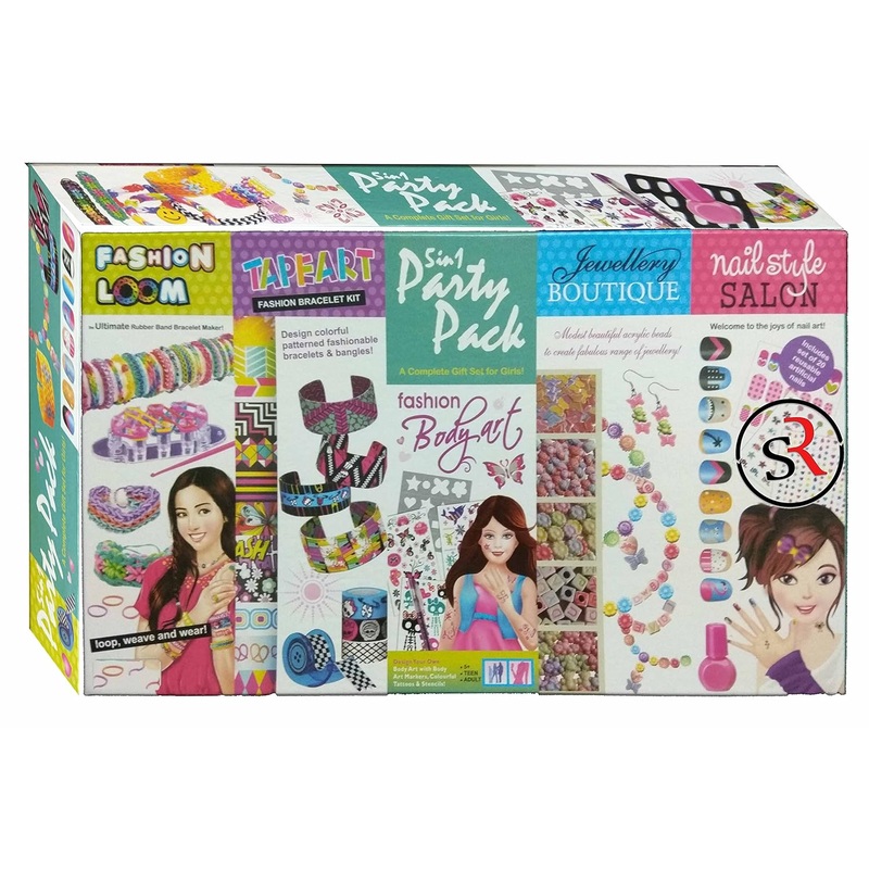 Ekta 5 in 1 Party Pack – A Complete Gift Set for Girls! Buy Online with Rubber Bands and Patterned Bracelet Maker, Fashion Bodyart, Jewellery Boutique and Nail Style Salon