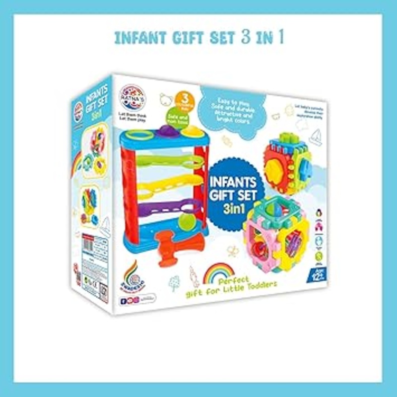 Ratna’s 3 in 1 Infants Gift Set Containing Hammer Ball, Cubic Rattle & Nursery Cube Montessori Toys For Kids – Multicolor