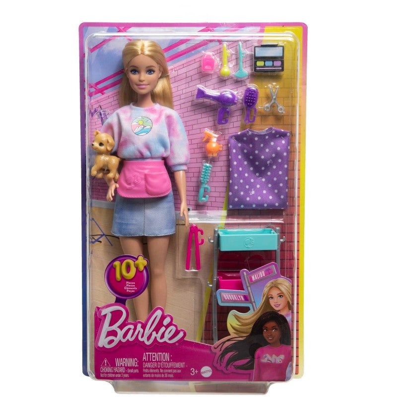 Barbie Malibu Stylist Doll & Playset with 14 Hair & Makeup Accessories, Puppy & Styling Cart