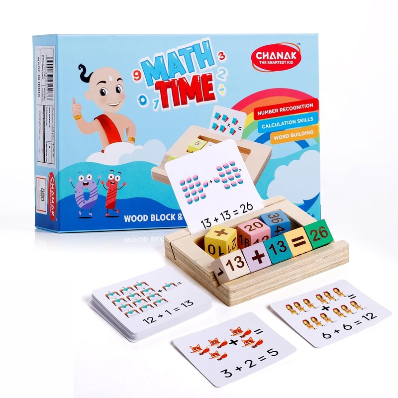 Chanak Wooden MathTime for Kids, Educational Math Card Game with Wooden Block & Flashcards – Multicolor
