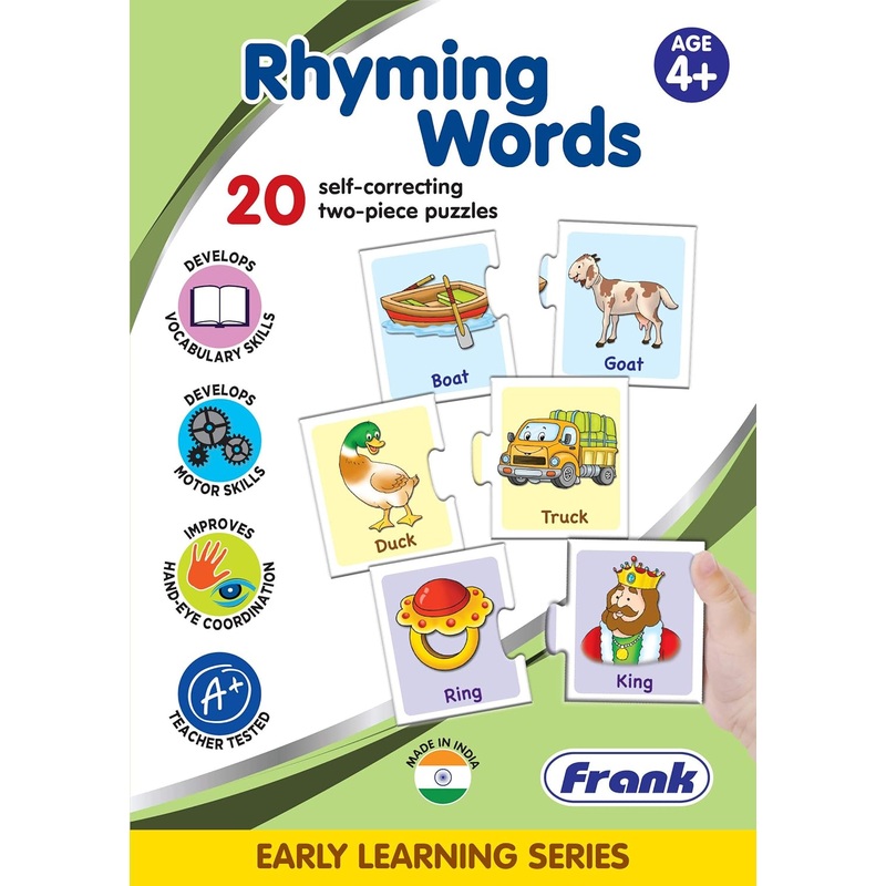 Frank Rhyming Words Puzzle  40 Pieces, 20 Self-Correcting 2-Piece Puzzles, Early Learner Educational Jigsaw Puzzle Set with Images For Kids – Multicolor