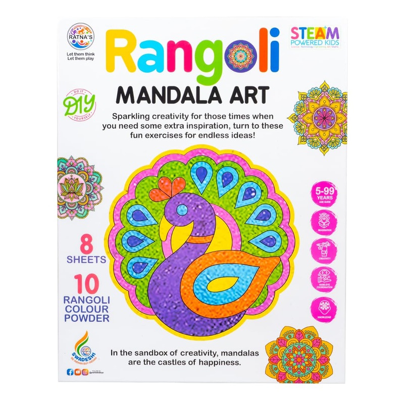 Ratna’s Rangoli Mandala Art – 8 Sticky Sheets with 10 Rangoli Color Powder – DIY Creative Activity Kit for Kids & Adults
