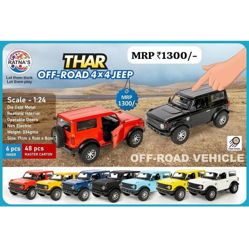 Ratna’s Thar Off-Road 4 x 4 Jeep Die Cast Vehicle – Multicolor – Assorted – Pack of 1 Pcs