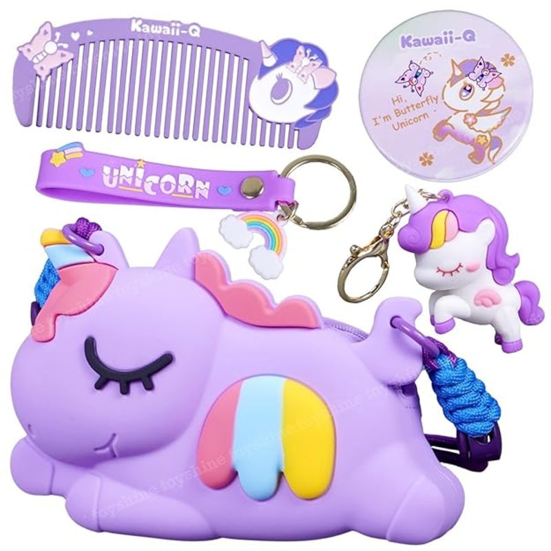 Unicorn Shape Silicone Purse for Girls Stylish Cross Body Bag with Adjustable Strap with Compact Mirror, Comb and Keychain Included