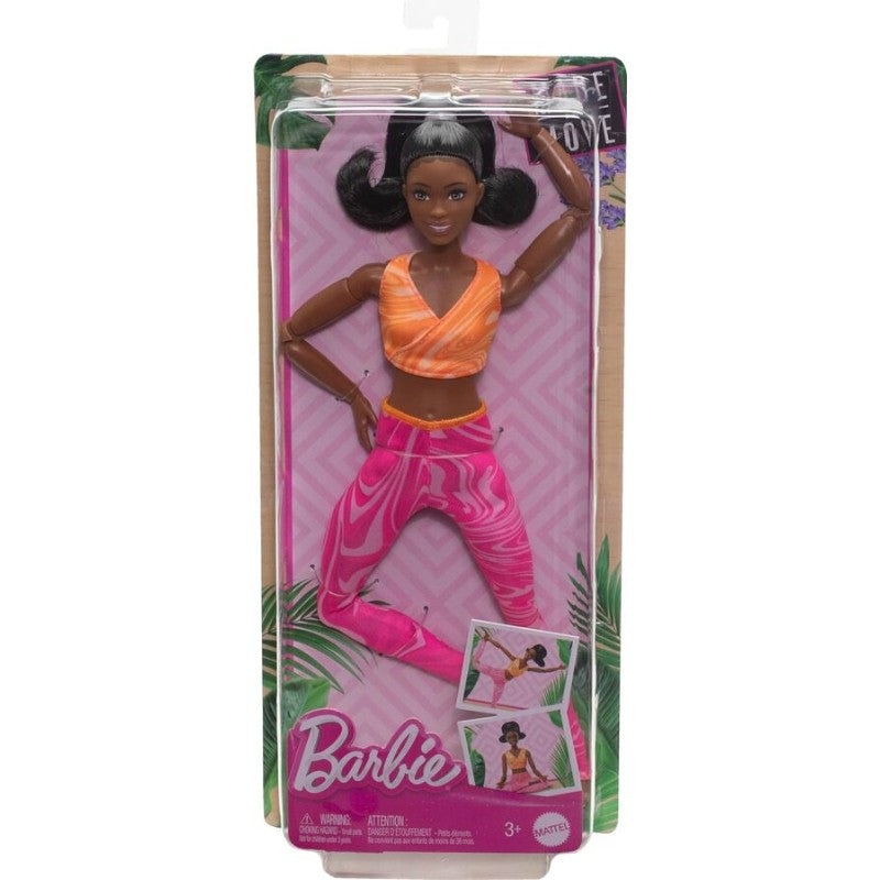 Barbie Made to Move Fashion Doll with Black Hair Wearing Removable Yellow Sports Top & Pink Yoga Pants, 22 Bendable Joints