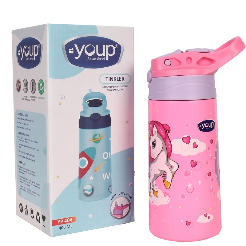 Youp Stainless Steel Insulated Purple Color Unicorn Theme Kids Anti-dust Sipper Bottle Tinkler – 400 ml