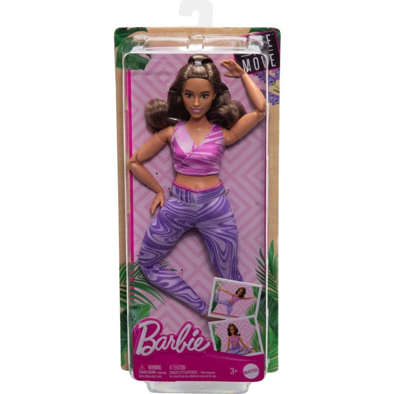 Barbie Made to Move Fashion Doll with Curvy Body & Brunette Hair Wearing Removable Pink Sports Top & Purple Yoga Pants, 22 Bendable Joints