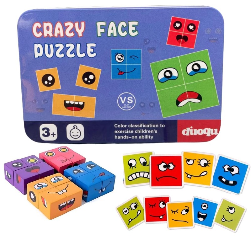 Kids Face Changing Magic Cube Puzzle for Kids, Rubiks Cube Face Expression Toy, 16 Wooden Puzzles and 72 Playing Cards Expression Matching Emoji Educational Toy