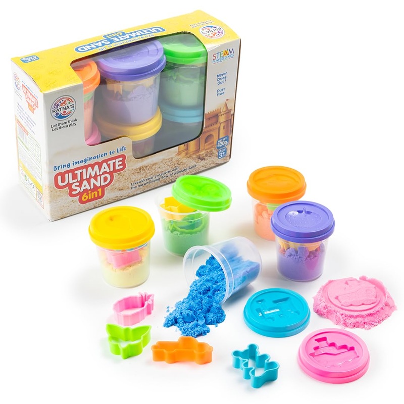 RATNA’S 6 in 1 Ultimate Sand Having 6 Tubs of Different Color Sand (70g Each) & 18 Moulds, Smooth, Non Sticky Kinetic Sand Kit Activity Toys for Kids (Assorted Colours)